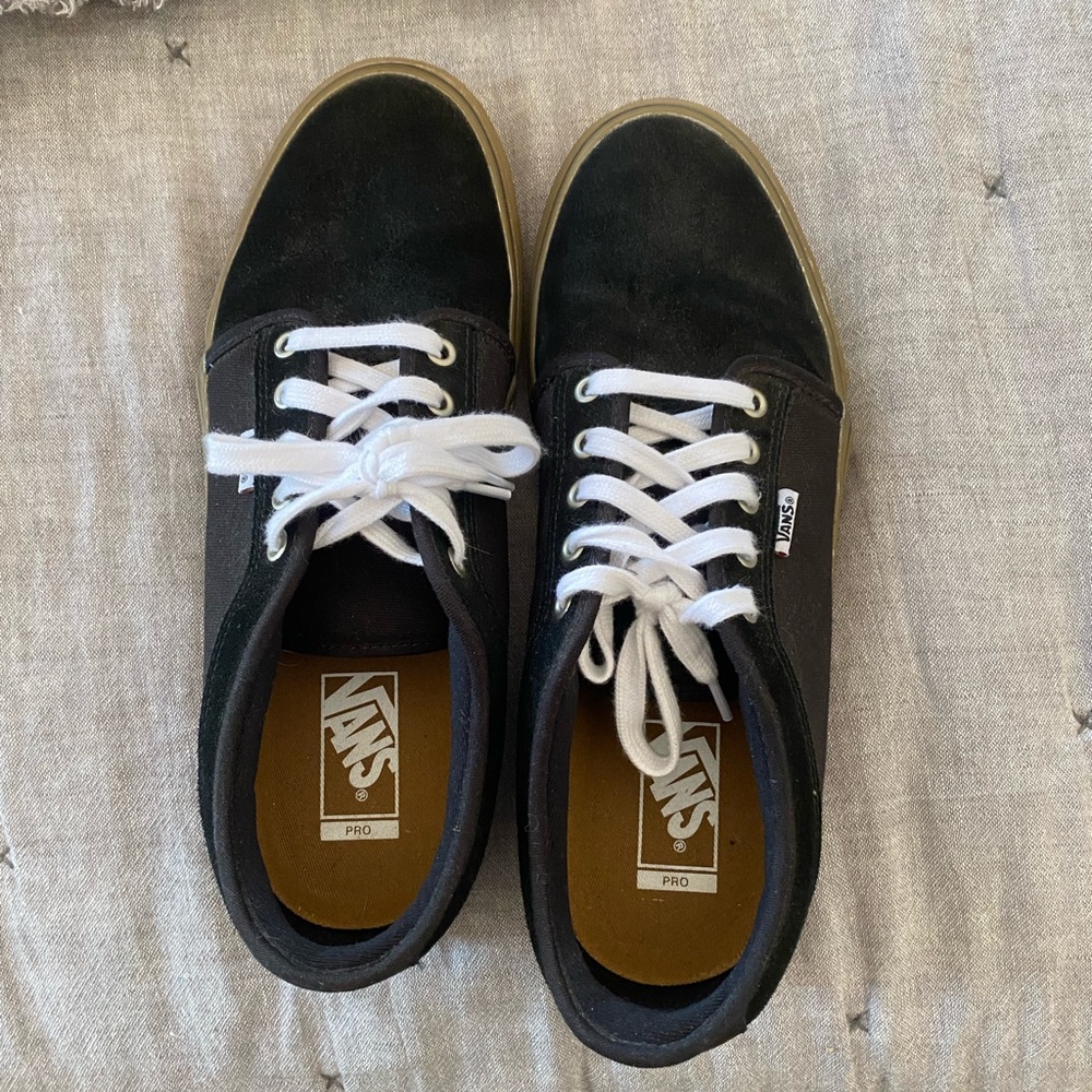 Mens size 11. Black suede vans with tan sole